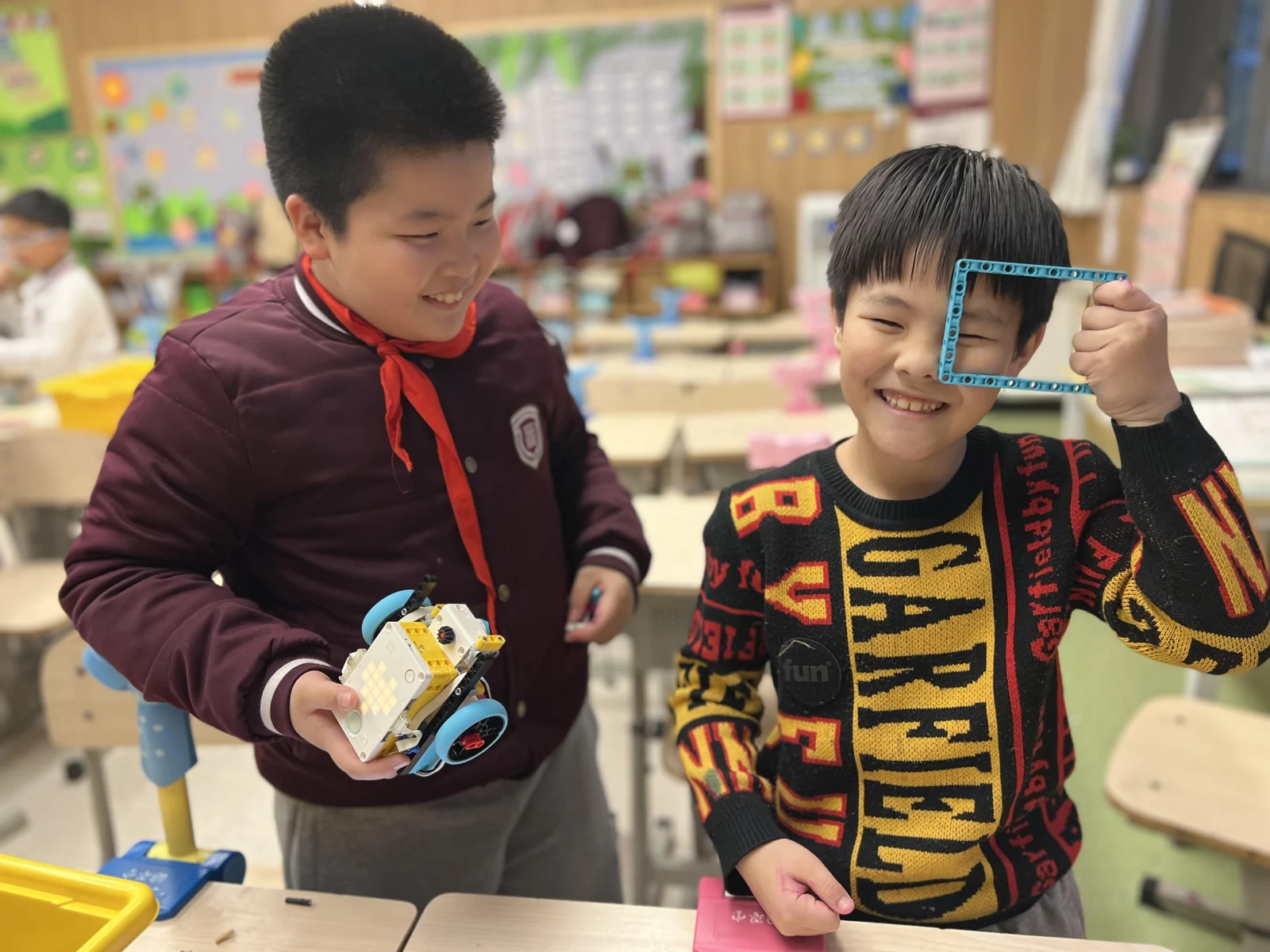 Students build a robot together · Historical photograph